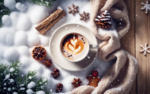 Zdjęcie biały kubek smacznej kawy lub cappuccino z choinką latte na białym śniegu
