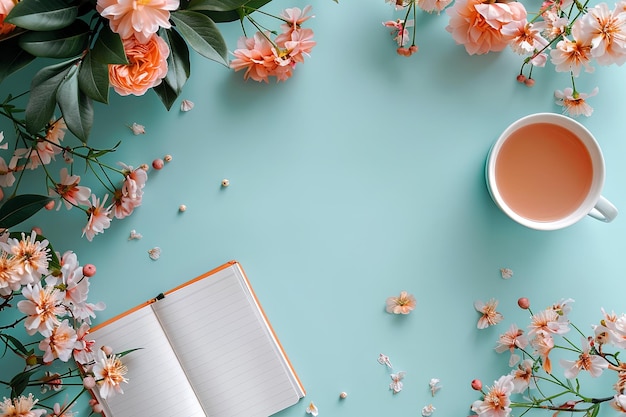 Biały kubek z herbatą siedzi na stole obok makiety książki otoczonej różowymi kwiatami tworząc spokojną i uspokajającą atmosferę Koncepcja relaksu i spokoju