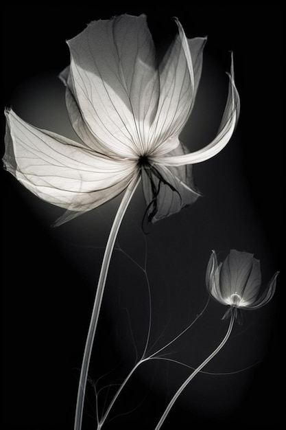 Biały kwiat jest pokazany na czarnym tle.