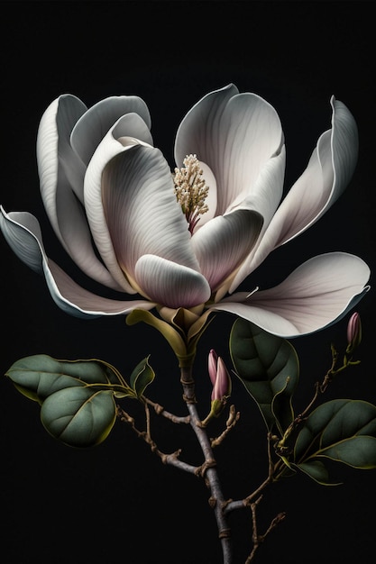 Biały kwiat magnolii z zielonymi liśćmi na czarnym tle.