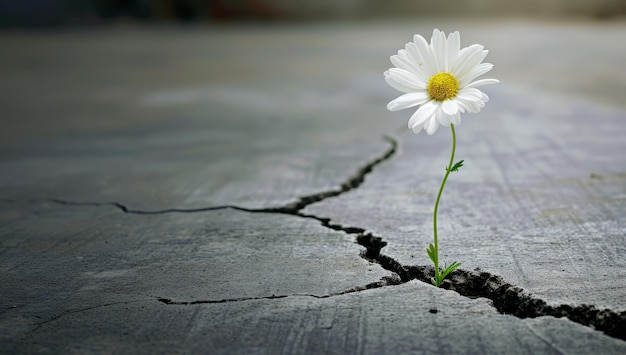 Zdjęcie biały kwiat margaretki rosnący przez pęknięcie w cementowej podłodze z kopią przestrzeni.