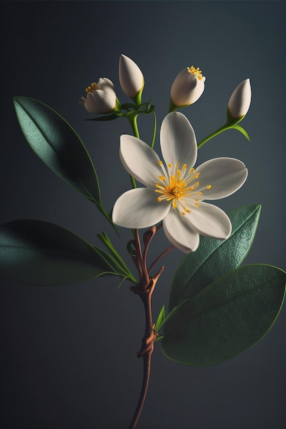 Biały kwiat siedzi na szczycie generatywnego ai zielonego liścia