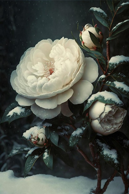 Biały kwiat siedzi na szczycie pokrytego śniegiem drzewa generatywnego ai