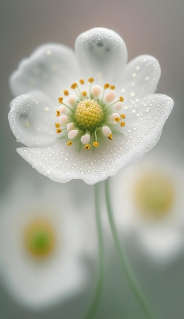 Biały kwiat z żółtymi kroplami rosy