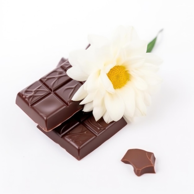 Biały kwiat znajduje się obok tabliczki czekolady.
