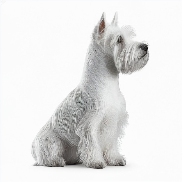 Biały ładny ładny pies rasy scotch terrier pies na białym tle na biały zbliżenie rzadki biały kolor piękny