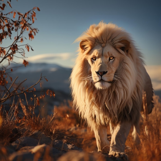 Biały lew spacerujący po pustyni Koncepcja królestwa zwierząt