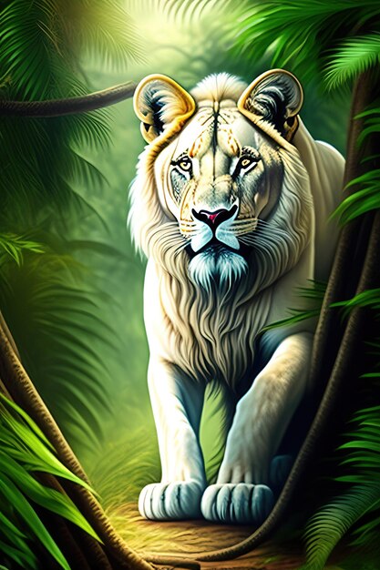Biały lew w dżungli wystający z zarośli