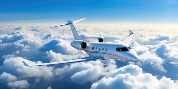 Biały luksusowy samolot prywatny latający nad Ziemią Realistyczne zdjęcie prywatnego samolotu latającego przeciwko A B