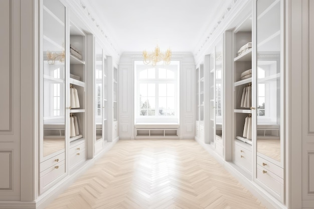 Biały luksusowy spacer we wnętrzu szafy ze światłem z okna generowanym przez AI