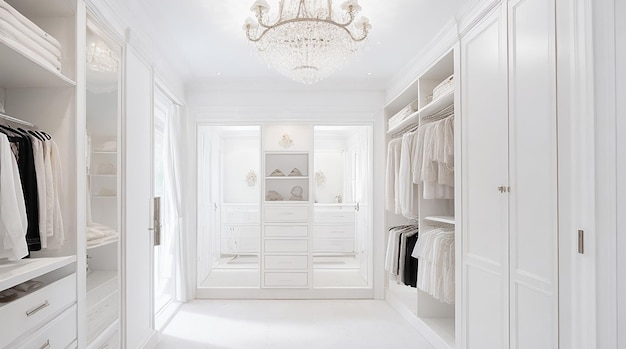 Biały luksusowy spacer we wnętrzu szafy ze światłem z okna