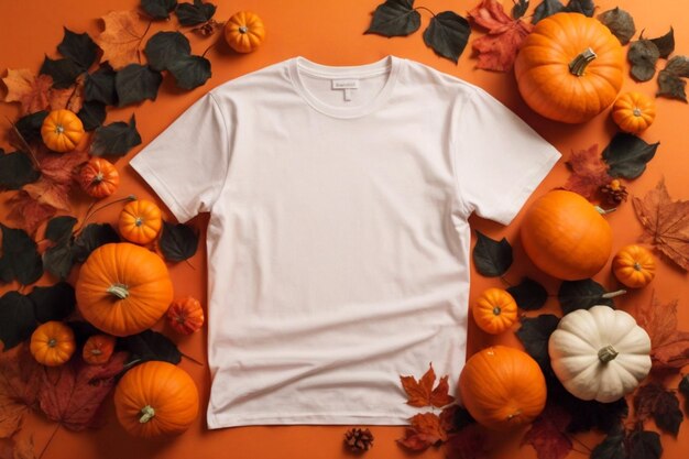 Biały makietka koszulki z dyniami Halloween i liśćmi wokół niej widziana z góry
