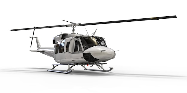 Biały mały wojskowy helikopter transportowy na na białym tle. Służba ratownictwa śmigłowcowego. Taksówka powietrzna. Helikopter dla policji, straży pożarnej, pogotowia ratunkowego i ratownictwa. ilustracja 3D.