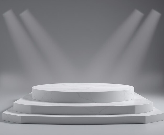 Biały marmurowy podium z reflektorem i miękkim cieniem