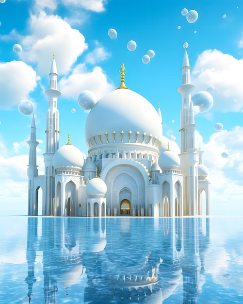 biały meczet na tle księżyca i chmur na niebie