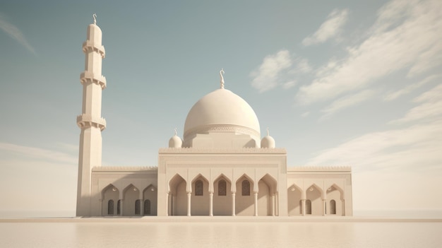 Biały meczet z kopułą i minaretem.