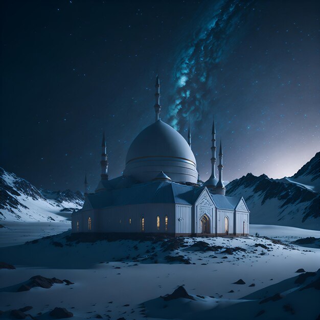 Biały meczet z niebieską kopułą i rozgwieżdżonym niebem w tle.