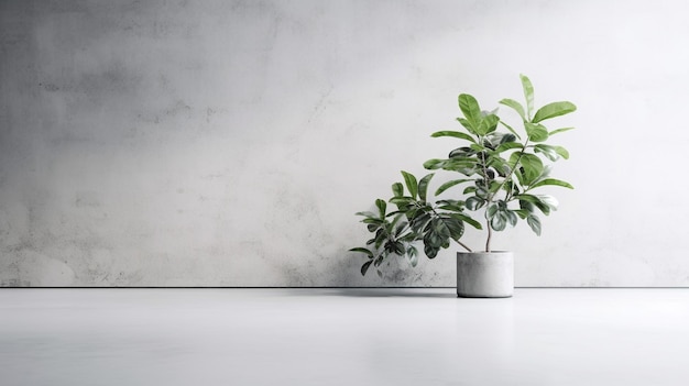 Biały minimalistyczny betonowy pokój z minimalną doniczką na drzewo