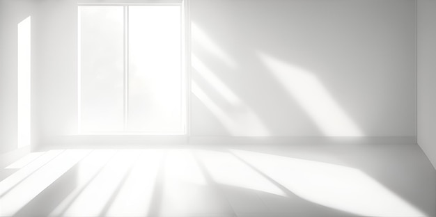 Biały minimalistyczny pokój z pustymi ścianami i światłem słonecznym przepływającym przez okna Generative AI