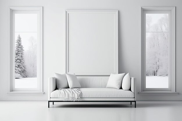 Biały minimalistyczny salon z dużą ilustracją ramki na zdjęcia