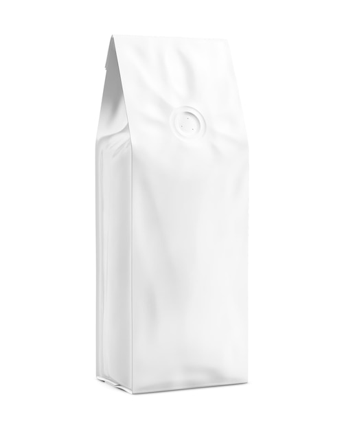 Biały model torebki do kawy izolowany na białym tle