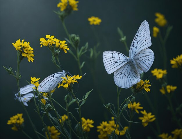 Biały motyl jest pośrodku pola żółtych kwiatów.