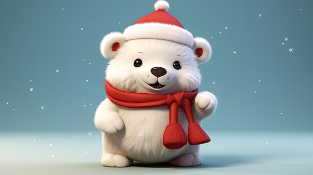 Biały niedźwiedź polarny w czerwonej chustce i czapce Świętego Mikołaja w uroczystym stroju