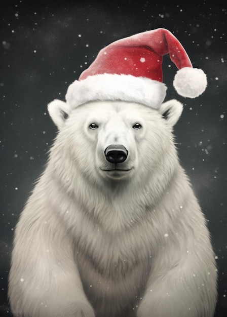 Zdjęcie biały niedźwiedź polarny w czerwonym kapeluszu świętego mikołaja nowy rok lub boże narodzenie koncepcja generatywna sztuczna inteligencja