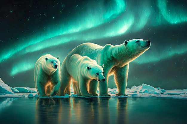 Biały niedźwiedź z młodymi na północy na tle zorzy polarnej