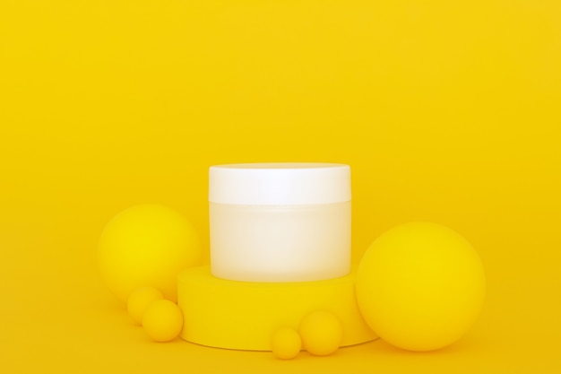 Biały niemarkowy krem kosmetyczny słoik stojący na żółtym podium z żółtymi kulkami. Prezentacja produktów do pielęgnacji skóry na żółtym tle. Modna makieta. Pielęgnacja skóry, uroda i spa.