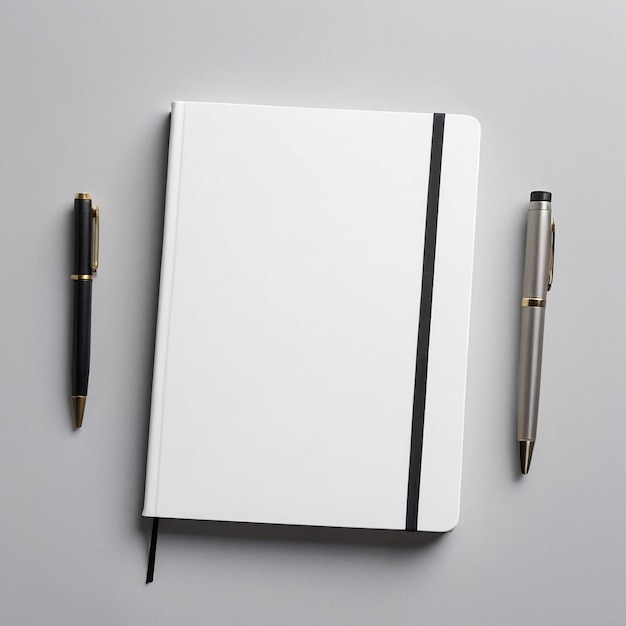 biały notebook z czarnym piórem obok niego z piórem na okładce