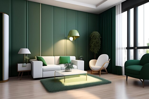 Biały, nowoczesny osuszacz powietrza oczyszczający w pustym pokoju z zieloną szałwiową ścianą na brązowym drewnianym parkiecie