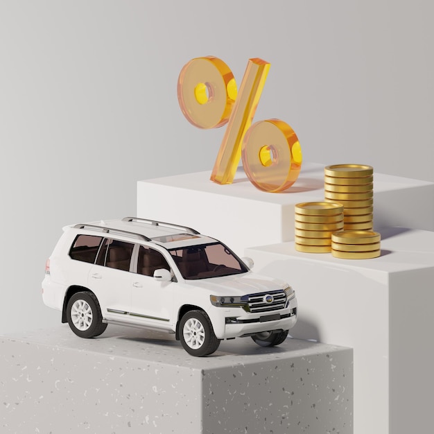 Biały nowy SUV stojący na platformie otoczony złotymi monetami i znakiem procentu szkła na białym tle. ilustracja 3d