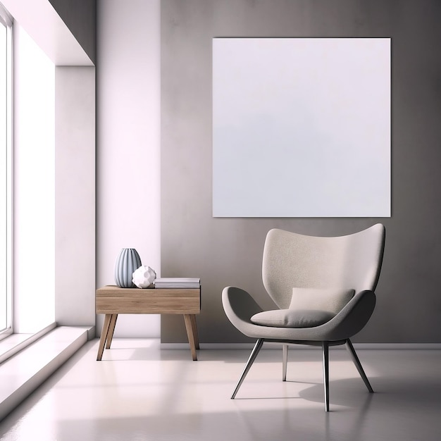 Biały obraz na ścianie z krzesłem i stolikiem przed nim.