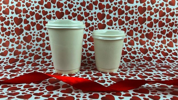 Zdjęcie biały papierowy kubek na tle czerwonych serc koncepcja dnia świętego walentynki