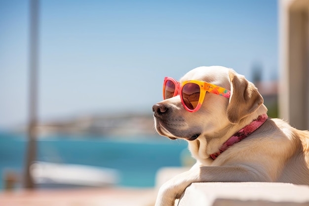 Biały pies labrador spoczywający na plaży Koncepcja wakacji nad morzem ze zwierzętami Generacyjna sztuczna inteligencja