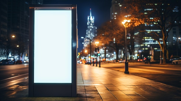 Biały pionowy cyfrowy pusty billboard plakat na ulicy miejskiej znak przystanku autobusowego w deszczową noc zamazane tło miejskie z makietą ludzi wieżowca do reklamy