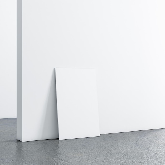 Biały plakat na płótnie makieta stojąca na betonowej podłodze w białym pustym pokoju renderowania 3d