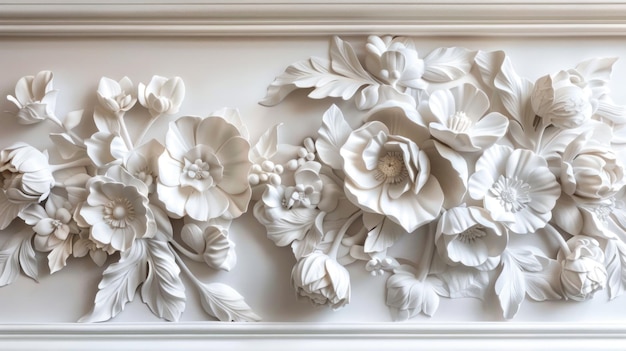 Biały płaskorzeźba kwiatów na ramkowym panelu 3D sztuka ścienna i koncepcja projektowania kwiatowego