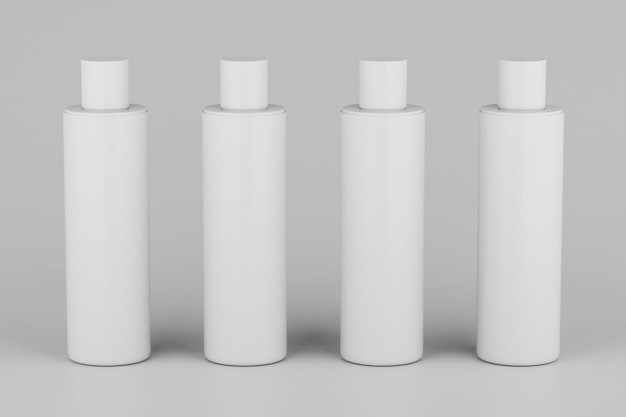 Biały plastikowy szampon żel pod prysznic tonik do skóry wiele pływających butelek kosmetycznych makieta renderowania 3d