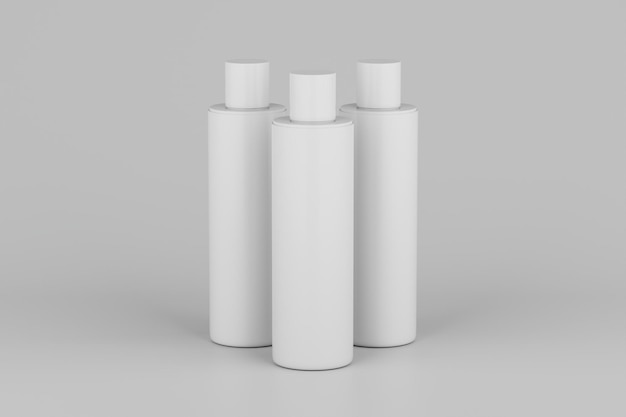 Biały plastikowy szampon żel pod prysznic tonik do skóry wiele pływających butelek kosmetycznych makieta renderowania 3d