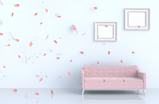 Zdjęcie biały pokój dzienny z ramką na zdjęcia, dmuchać różowe liście