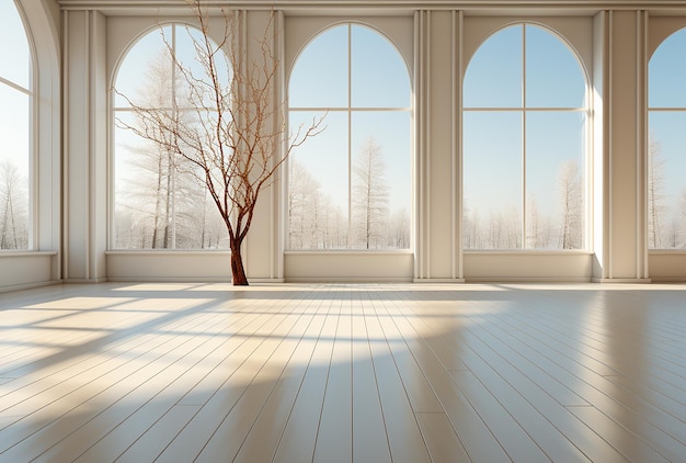 Biały pokój wewnętrzny z białymi drewnianymi podłogami i minimalistycznym designem