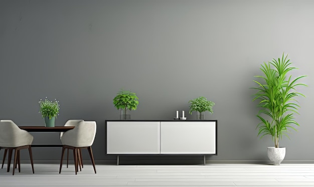 Biały pokój z białą szafką i zieloną rośliną Pokój jest pusty i ma minimalistyczną opłatę