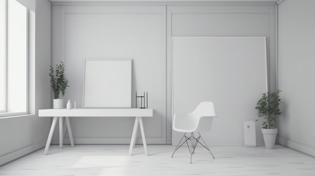 Biały pokój z białym krzesłem, biurkiem, krzesłem i ramą na zdjęcia.