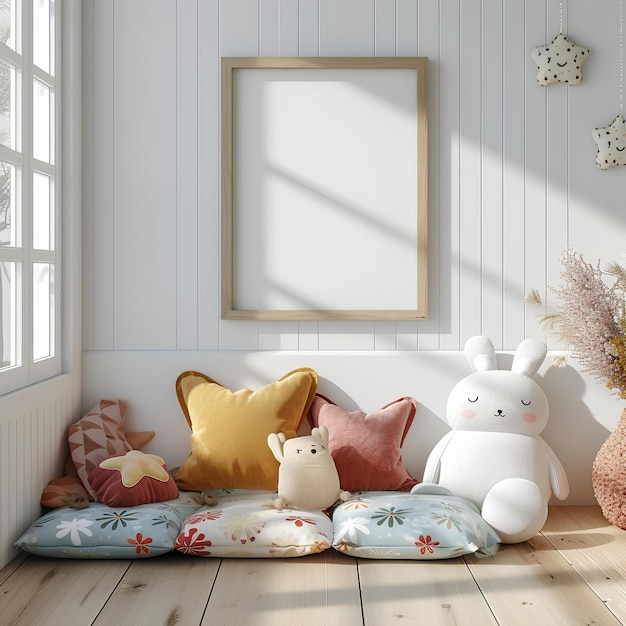 Biały pokój z drewnianą podłogą i ramką obrazową na ścianie nad poduszkami i poduszkami na