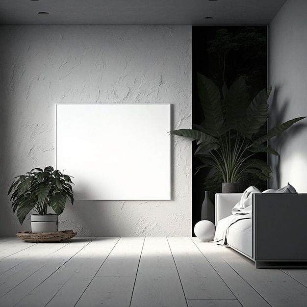 Zdjęcie biały pokój z rośliną na ścianie i białym plakatem na ścianie.