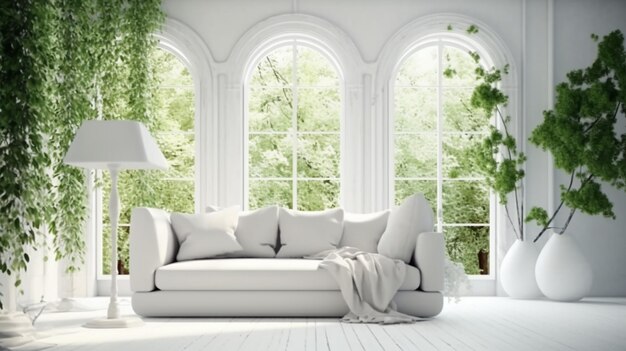 Biały pokój z sofą i zielonym krajobrazem w oknie Generative AI