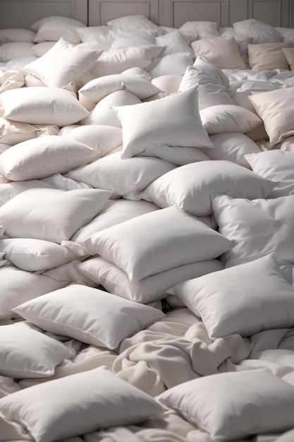 Biały pokój ze światłem dziennym jest wypełniony puchowymi poduszkami