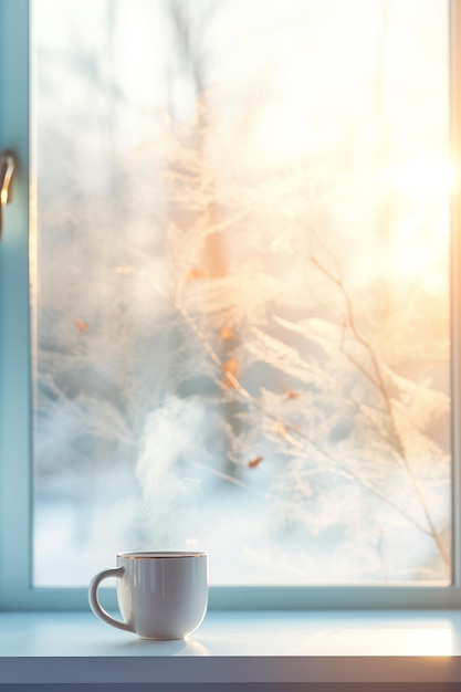 Biały porcelanowy kubek z pufami lekkiej parzącej kawy stoi na parapecie przed dużym oknem z mroźnym wzorem we wczesnym zimowym poranku